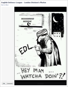 English Defense League propaganda depicting an Imam vandalizing his Mosque or Masjid. It is a poorly modified version of the Nazi propaganda.